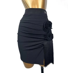 Black Ballroom Skirts Women Latin Dance Clothes Adult Tassel Wrapped Hip Skirt High Waist Tango Samba Practice Clothes XH1317