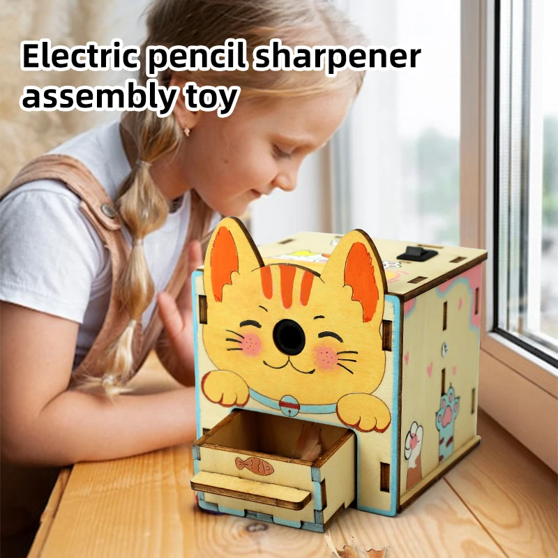 Diy apontador de lápis elétrico modelo brinquedos technologia ciência kit ferramenta experimental educacional jogos de quebra-cabeça de madeira para crianças