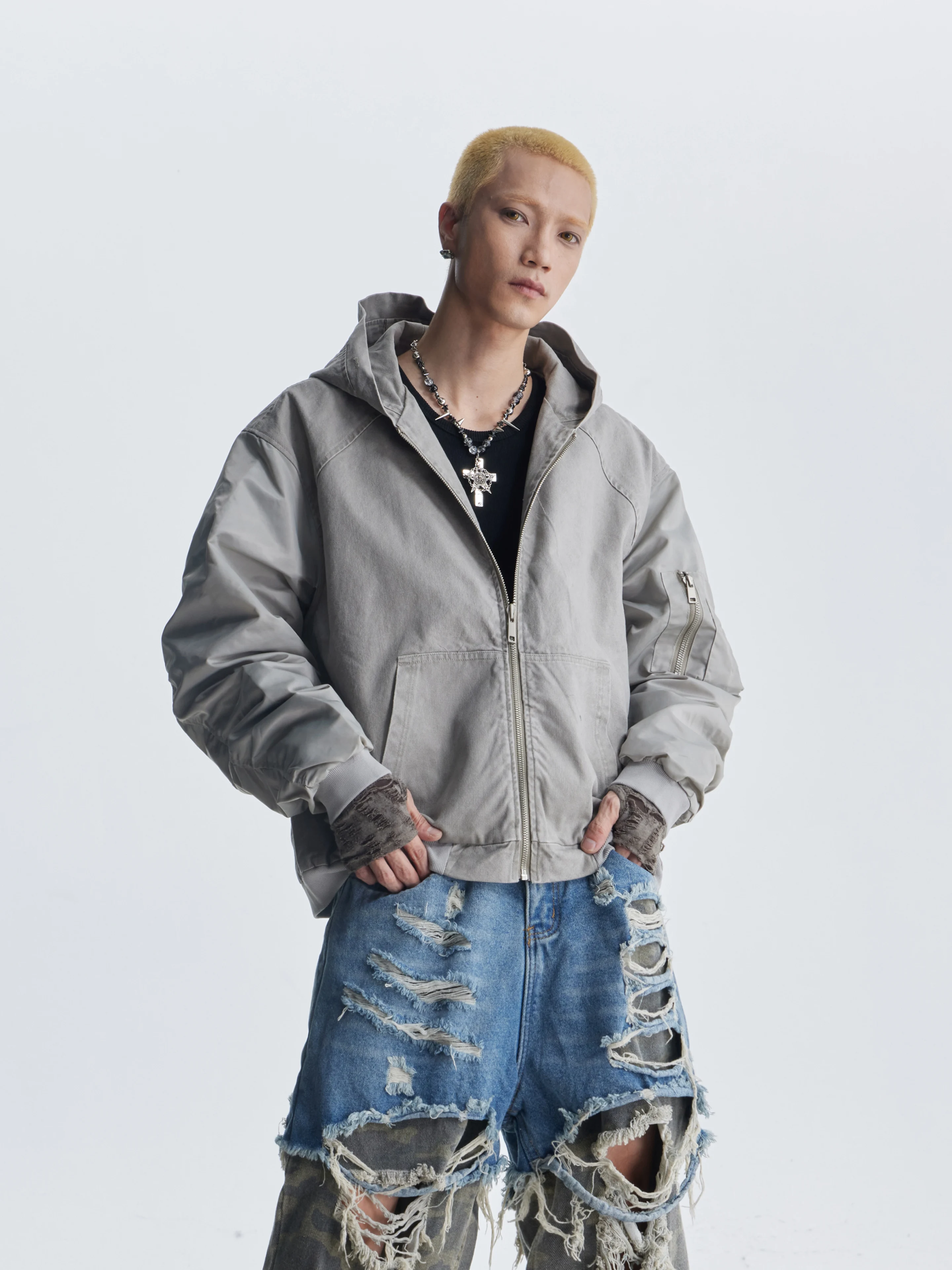 Sleeve Stitching Hooded Zipper Coat Jacket Loose Flight Suit Men and Women All-Matching