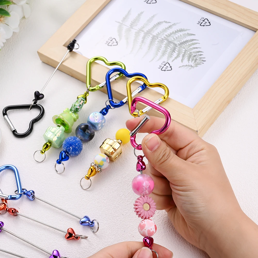 12 Stück DIY Perlen-Schlüsselanhänger-Stäbe mit Herz-Karabinerverschlüssen, Metallrohlinge für Schlüsselanhänger und Schmuckherstellung, Bastelzubehör – Detail 2