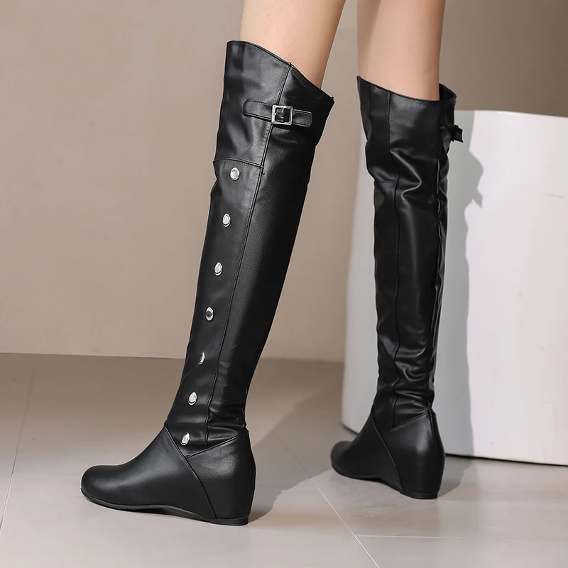 Plus Size Round Toe Wedge With Warm Plush Lining Slip-On Women\'s Over The Knee Boots With Rivet Buckle Long Boots