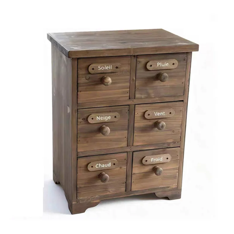 

French Country Weather Station Cabinet, Rustic Wooden 6-Drawer Organizer with Weather Labels, Vintage Style Storage Unit