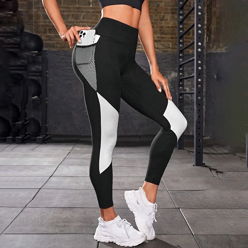 Colorblocked High Waist Yoga Pants with Pockets Leggings for Women Tummy Control Workout Leggings for Women