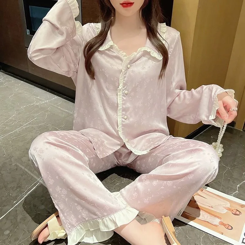 Ice Silk Pajamas Women Spring and Autumn Long Sleeve Pants Sweet Princess Style Lovely Home Dress Set French Court Style