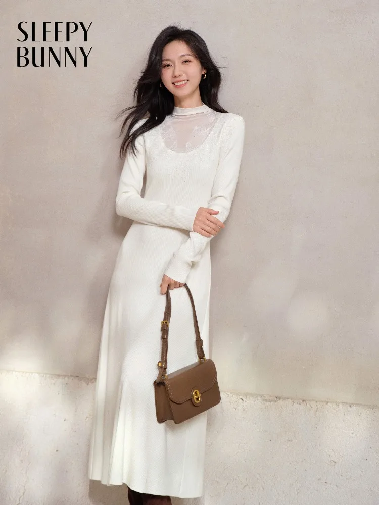 

Elegant Mesh Patchwork Knit Dress for Women Slim Lady A-Line Long Dress Winter Warm Fashion Base Layer Outfit for Daily Wear