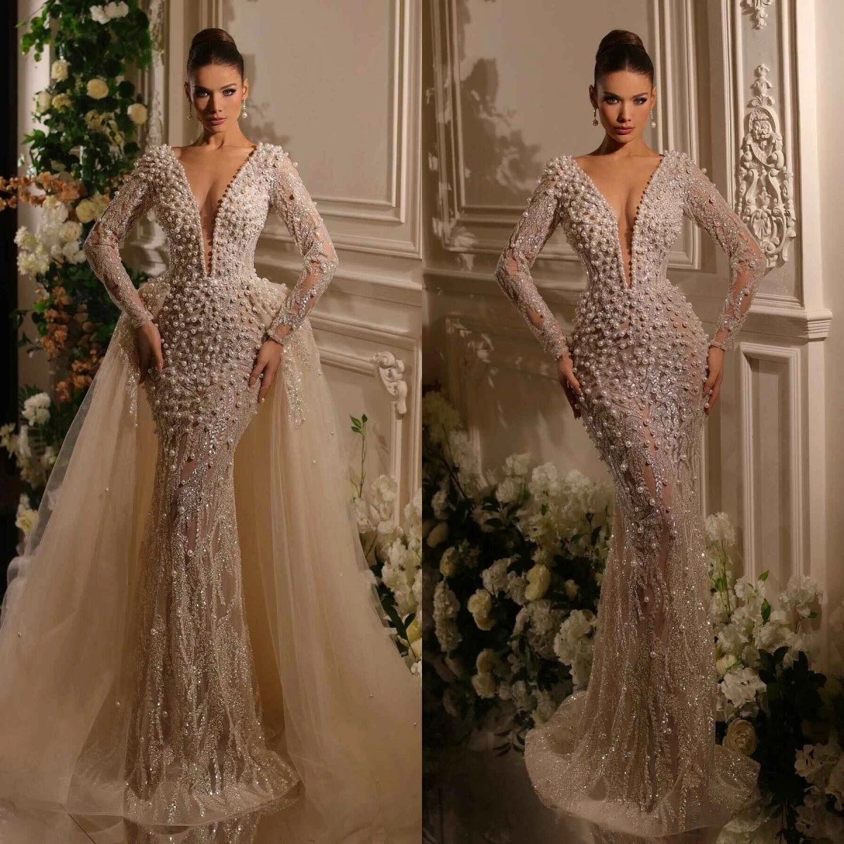 

Exquisite Mermaid Gown Wedding Dresses Pearls Beading Sequins Lace Bridal Gowns Big Size Vestidos De Novia Custom Size Colour