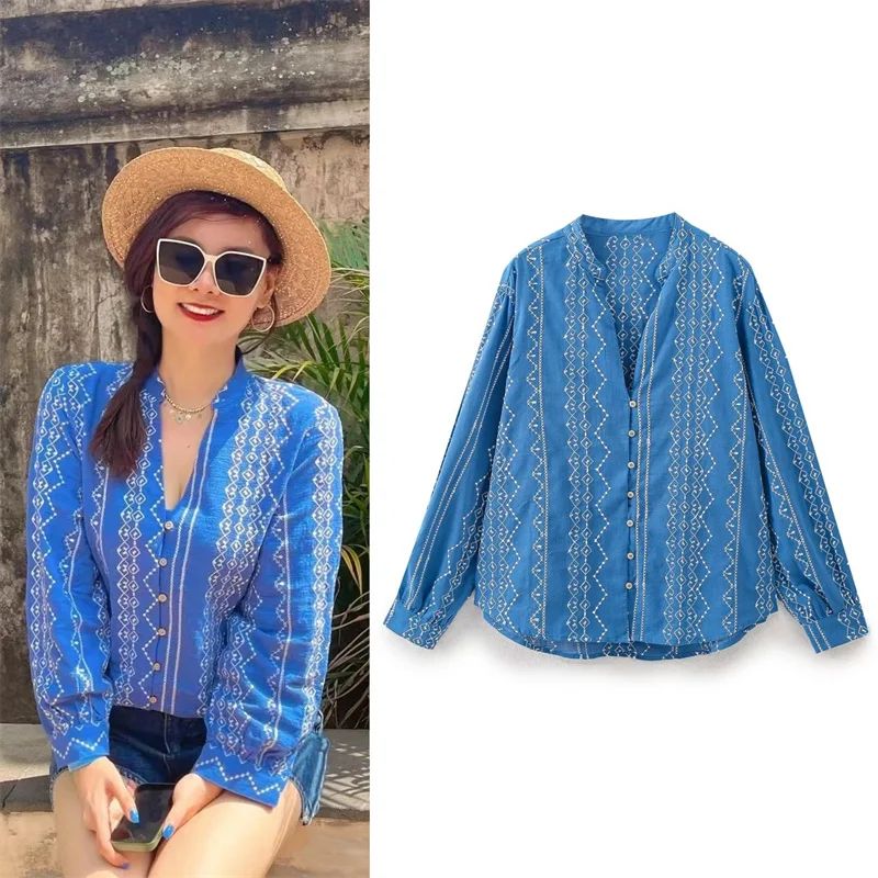 

Women's Blouse Summer 2025 New Blue Embroidery Long Sleeve Top Sexy V-Neck Design Ethnic Style Casual Fashion