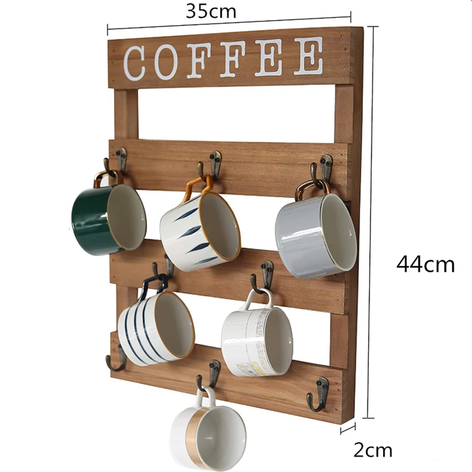 Rustic Wall Mounted Coffee Mug Rack, Cup Organizer, 8 Hooks, Real Pine Wood for Kitchen, Home, Bar