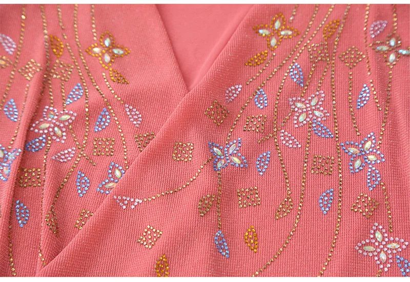 

Women's Autumn New European Fashion V-neck Flower Hot Diamonds T-shirt Elegant Long Sleeved Pleated Design Tees Female Mesh Tops