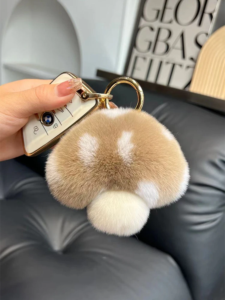 Cute Mushroom Real Rex Rabbit Fur Key Chains Girls Schoolbag Toy Pendant Plush Ball Women Bag Charm Ornaments Car Keyring Gift