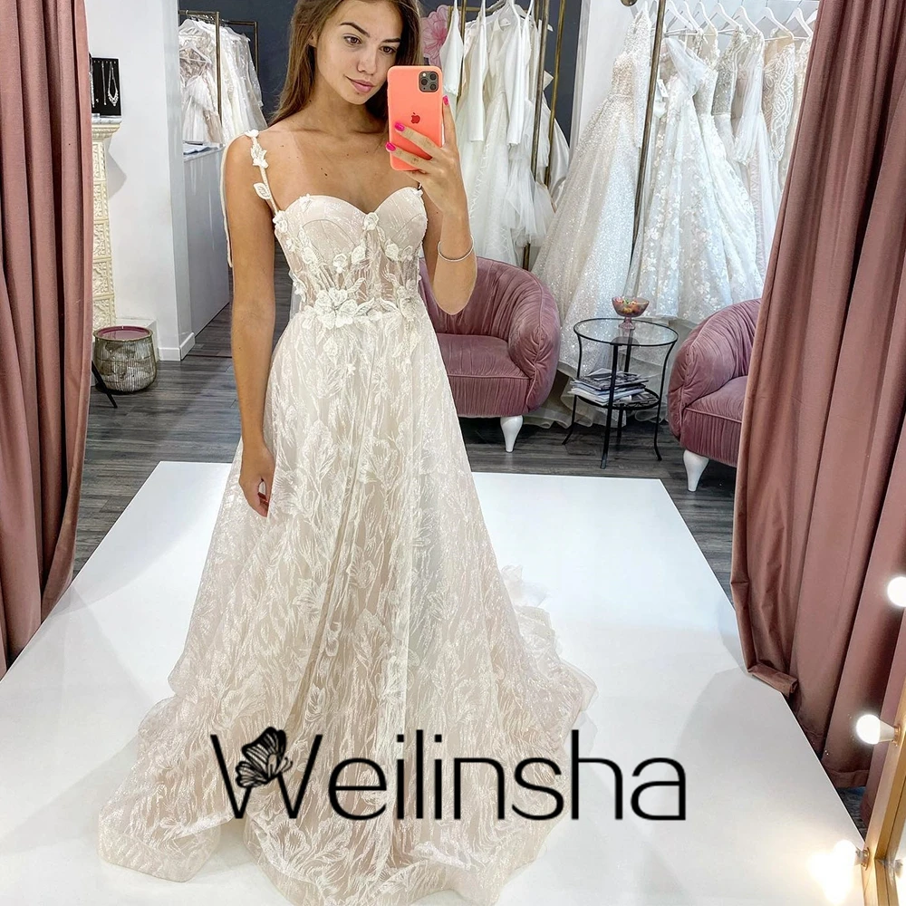 

Weilinsha Spaghetti Straps New Ivory Corset Sleeveless Bridal Gowns Summer Lace Floor Length Wedding Dresses Robe De Mariée