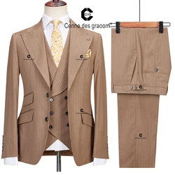 Cenne Des Graoom 2022 New Pinstripe Suits For Men Classic Formal 3 Piece With Peak Lapel Blazer Vest Pants Casual Wedding Party