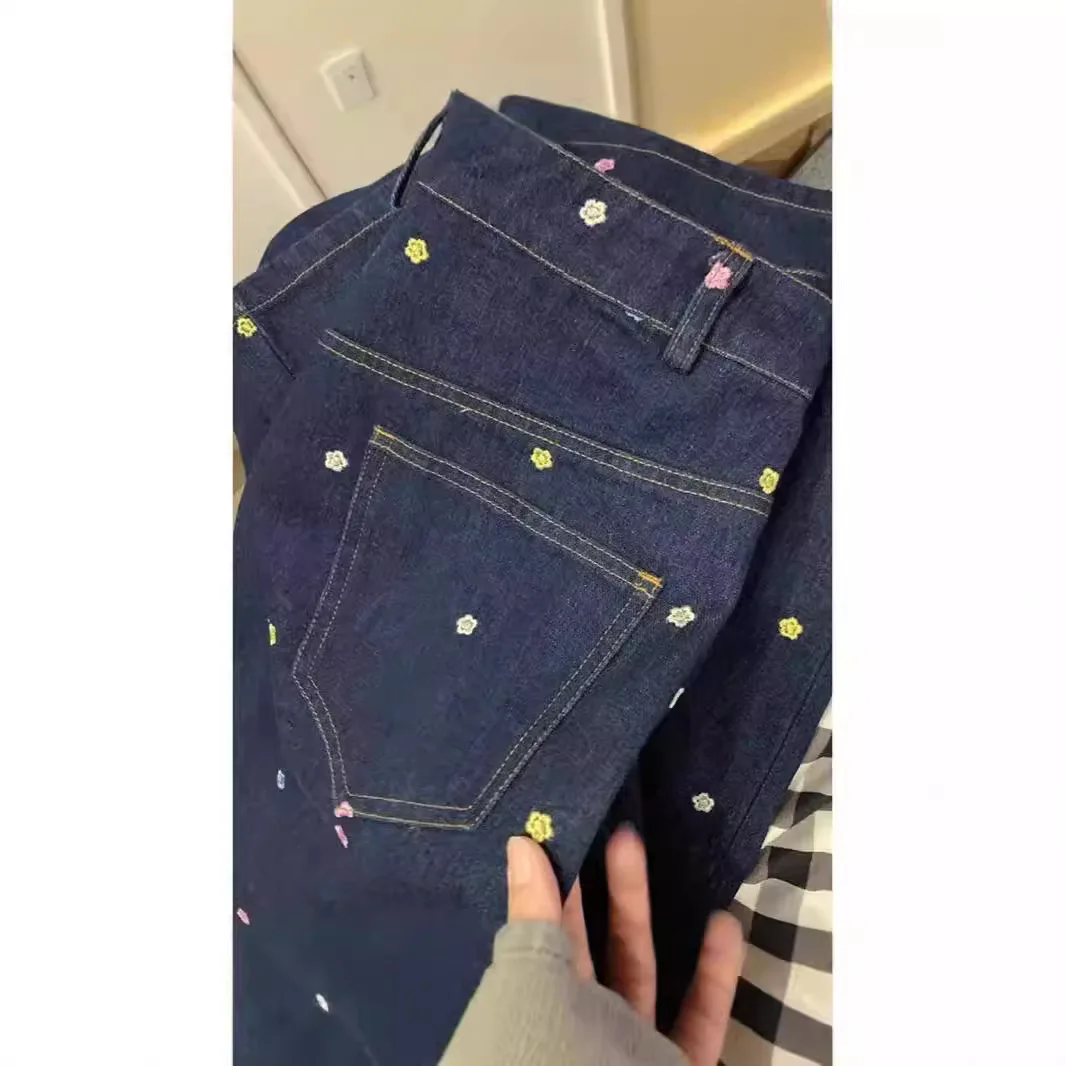 Guochao brand retro color flower high-waisted jeans women's summer loose wide-leg casual versatile straight trousers tide