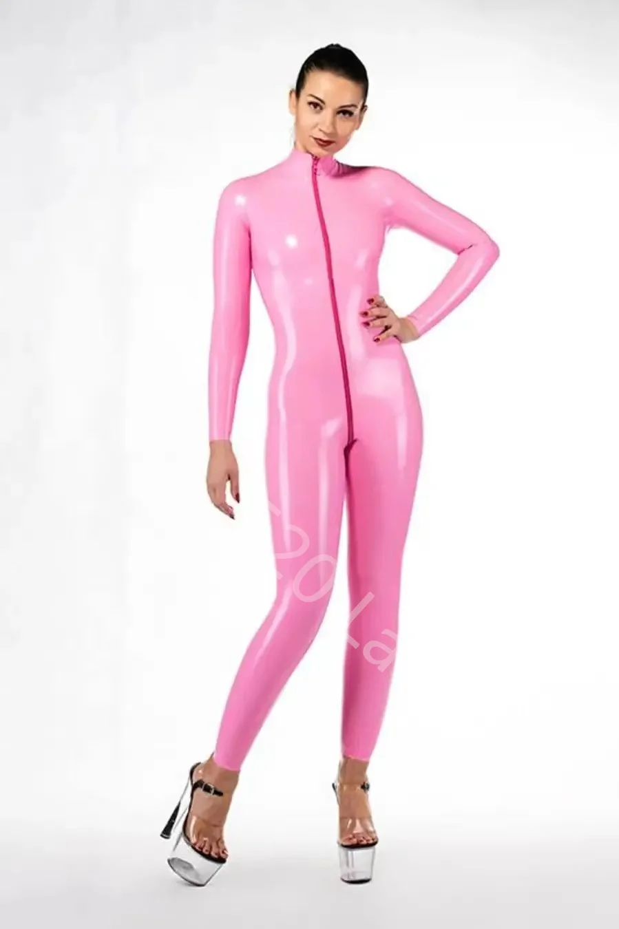 

100% Natural Latex gummi pink catsuit front zip Rubber Latex bodysuit High Neck Party Wear Customize Bodysuit