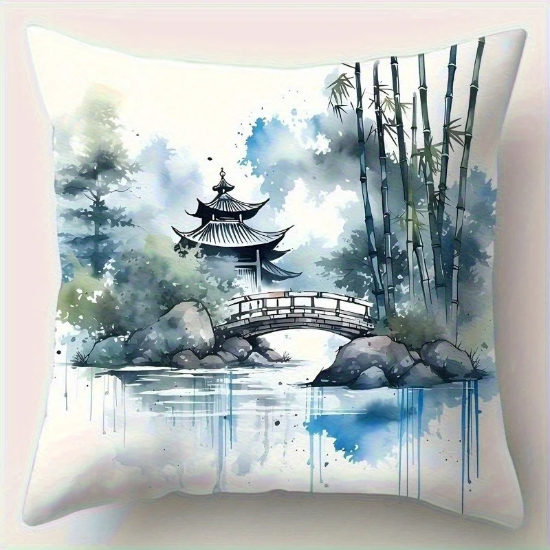 1PC 2D Flat Chinese Style Watercolor Garden Throw Pillow Covers Non-real Embroidery, Pillowcase Decoration