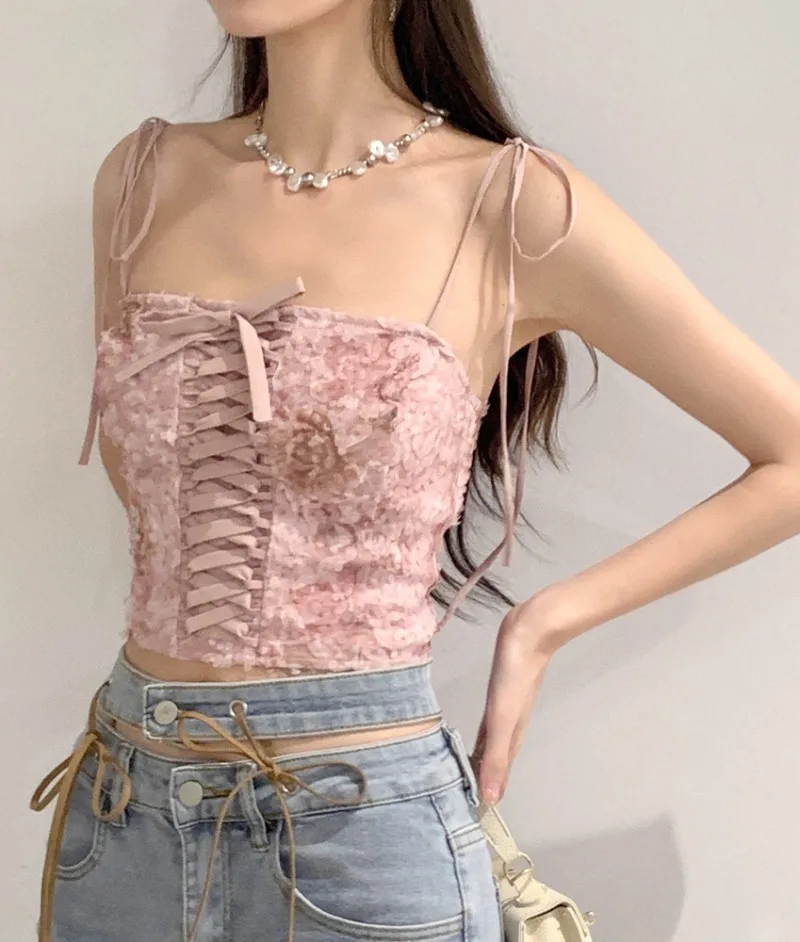 

Sweet Spicy Girl Lace Up Mesh Sling Tank Top Women Collarbone Sleeveless Patchwork Fashion Slim Summer Korean Chic Female W Ear