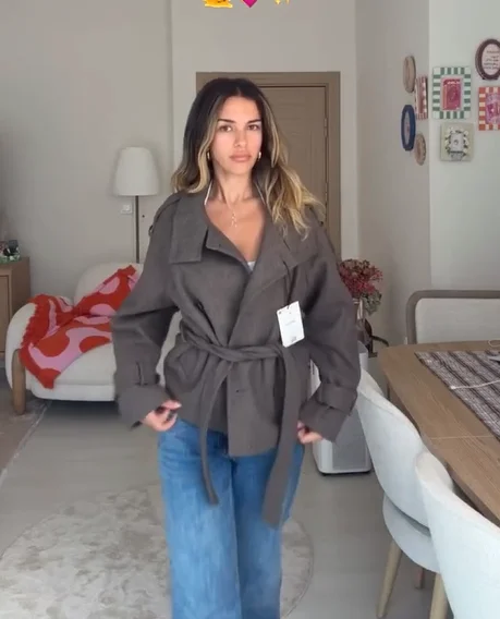 Women Soft Fabric Cropped Coat Stand Collar Double Breasted Belt Tie Waist Epaulet Long Sleeve Autumn Winter Outerwear