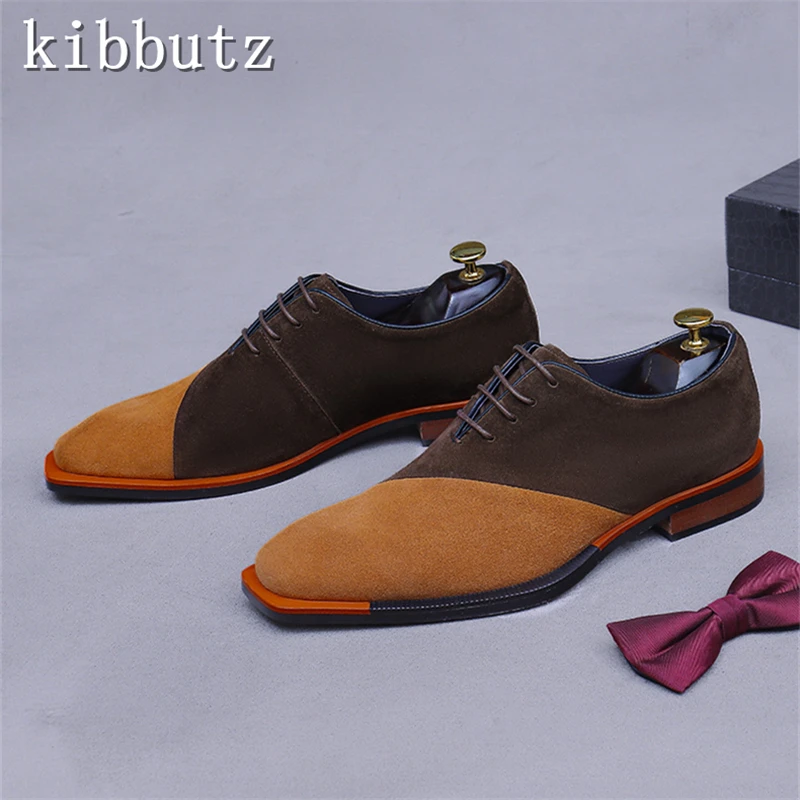 

Square Toe Suede Leather Business Shoes British Style Color Blocked Retro Frosted Cow Suede Low Top Formal Dress Shoes