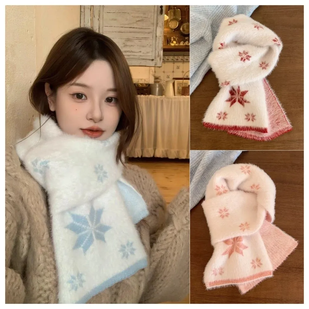 Double-Sided Faux Mink Scarf Thickened Knit Snowflake Pattern Snowflake Scarf Soft Fair Isle Style Winter Scarf