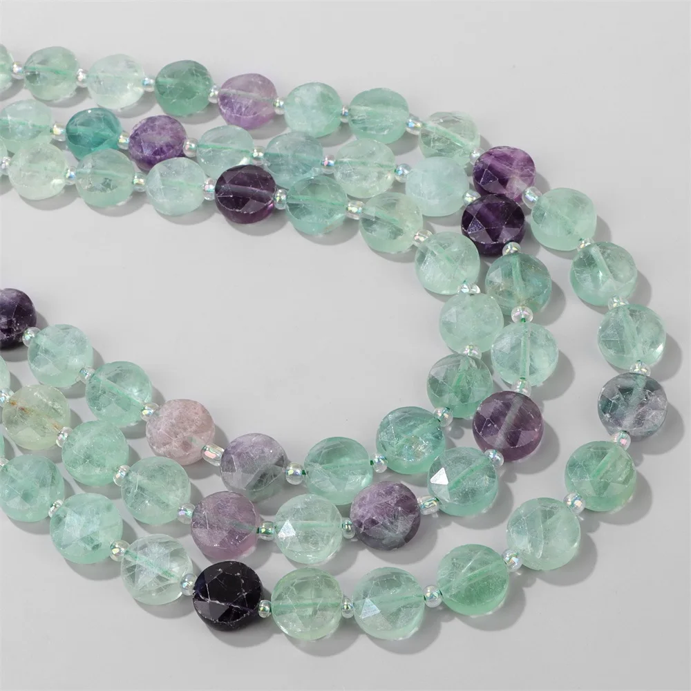 Natural Fluorite Stone Bead 10MM Faceted Flat Round Quartz Loose Spacer Beads For Jewerly Making DIY Bracelet Necklace Supply