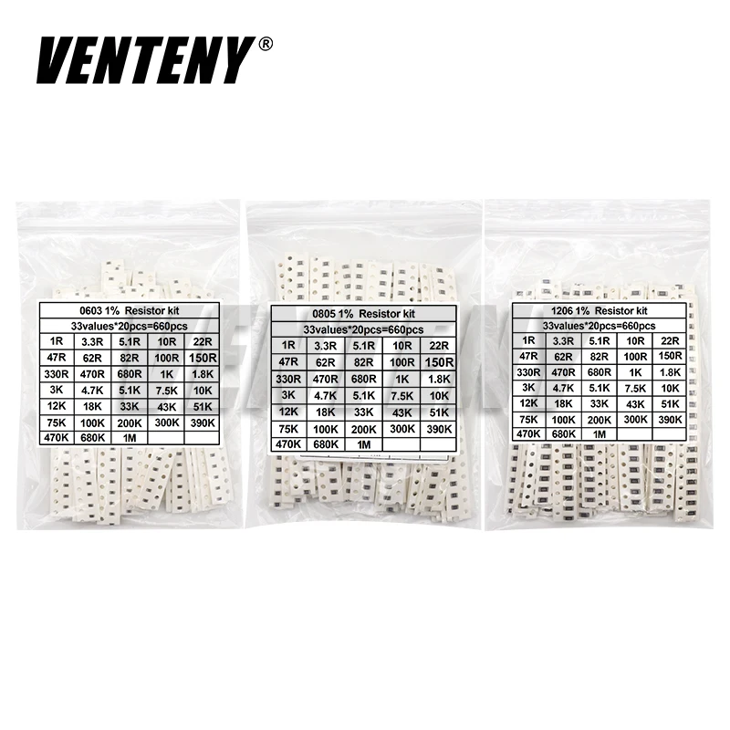 660 sztuk/partia 0603 0805 1206 0402 0201 1% rezystor chipowy SMD zestaw asortymentowy 1R-1M ohm 33 wartościX20 sztuk zestaw próbek rezystancji