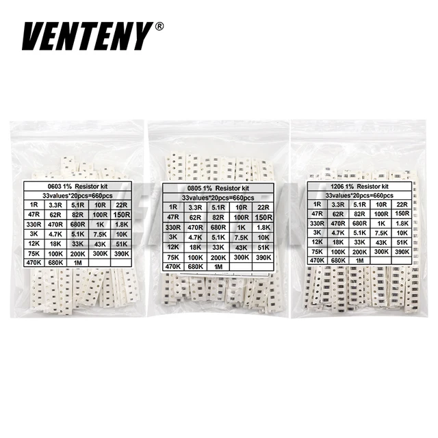 660 sztuk/partia 0603 0805 1206 0402 0201 1% rezystor chipowy SMD zestaw asortymentowy 1R-1M ohm 33 wartościX20 sztuk zestaw próbek rezystancji