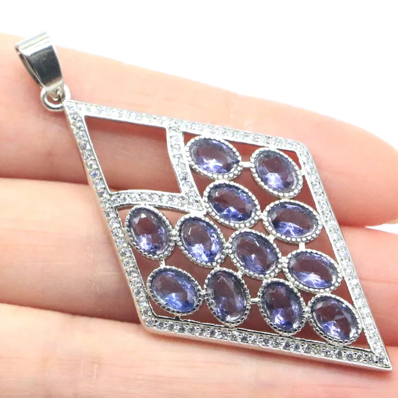 

61x30mm High Trendy Polished Purple Spinel London Blue Topaz White CZ Woman's Silver Pendant