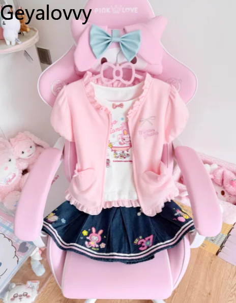 

Girls Three Piece Sets Embroider Casual T-shirts Pink Puff Sleeve Cardigan Printing T-shirt + Denim Pleated Skirt Suit