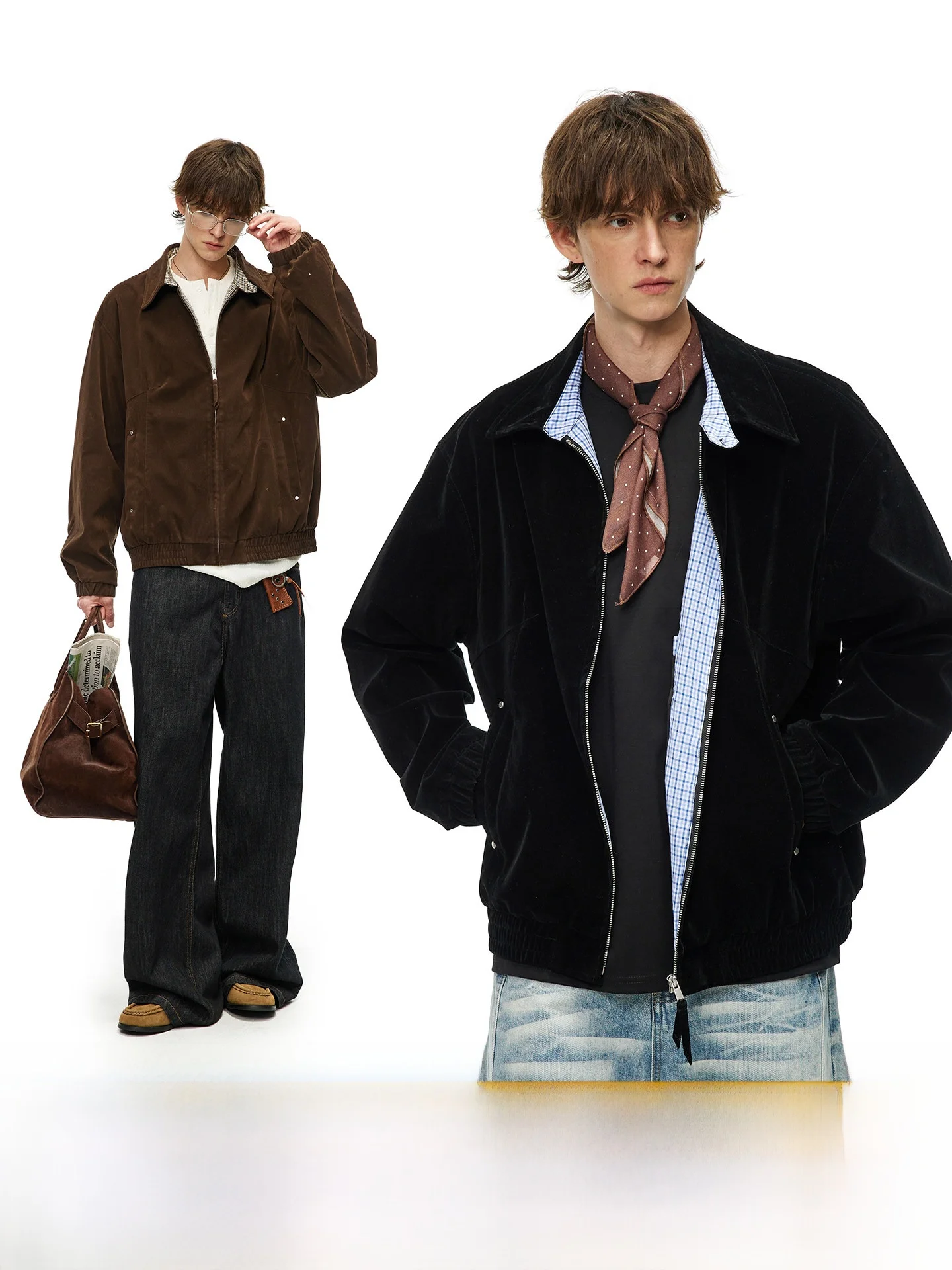 

Retro Suede Men's Jaet Loose Fit Stand Collar Workwear Coat Spring Cleanfit ex Long Sve Zipper Closure Color
