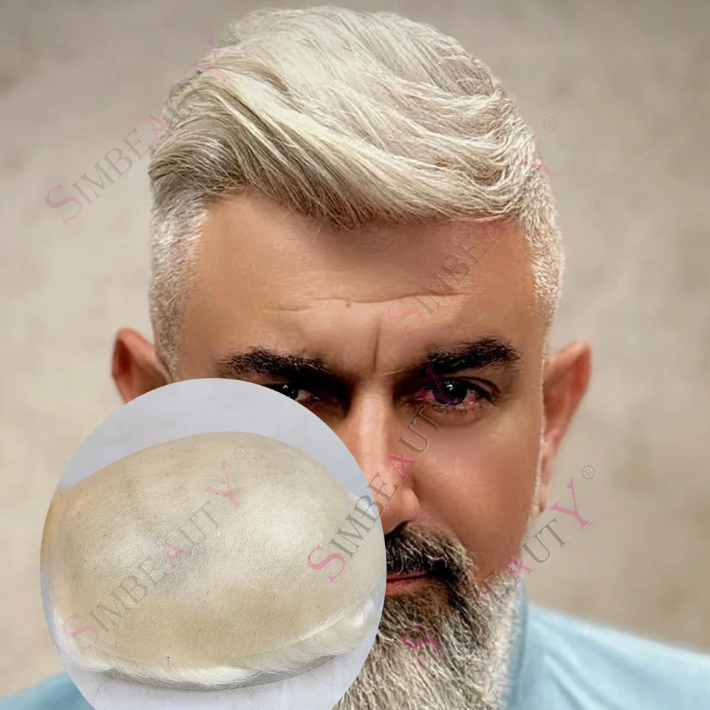 

0.06mm Thin Skin Men's Toupee Grey White V Loop Natural Hairline Capillary Prothesis Blonde 100% Human Hair Male Wig System Wigs