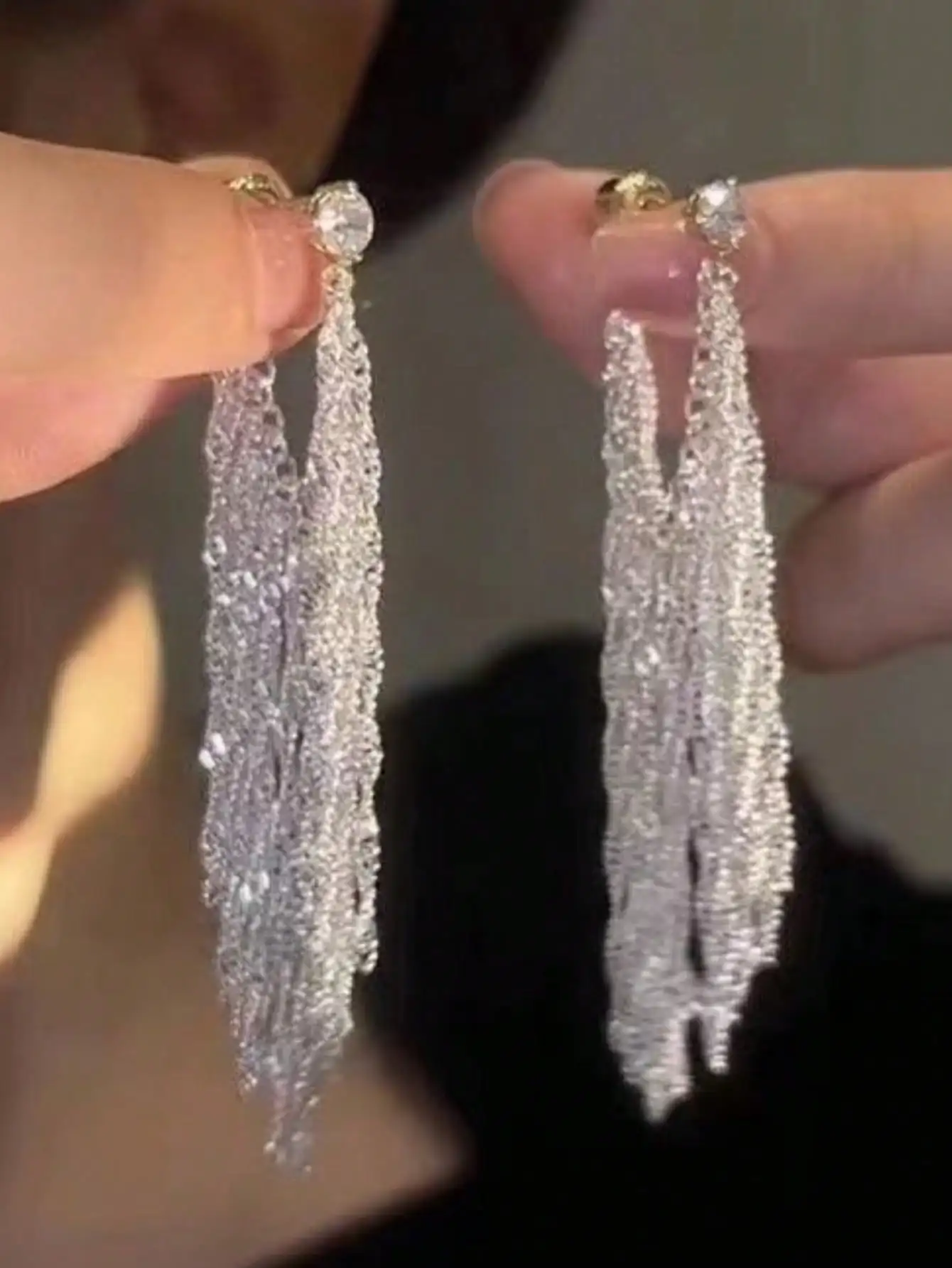 

Galaxy Waterfall Tassel Earrings for Women, Elegant Long Dangle Studs with Sparkling Crystal Chains