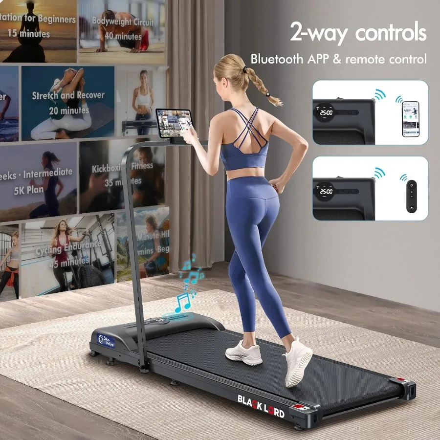 وسادة مشي 4 في 1 مع شريط مقود، جهاز مشي هادئ قابل للطي تحت المكتب بسعة 2.7 حصان مع مكبر صوت بلوتوث، مداس جري صغير محمول