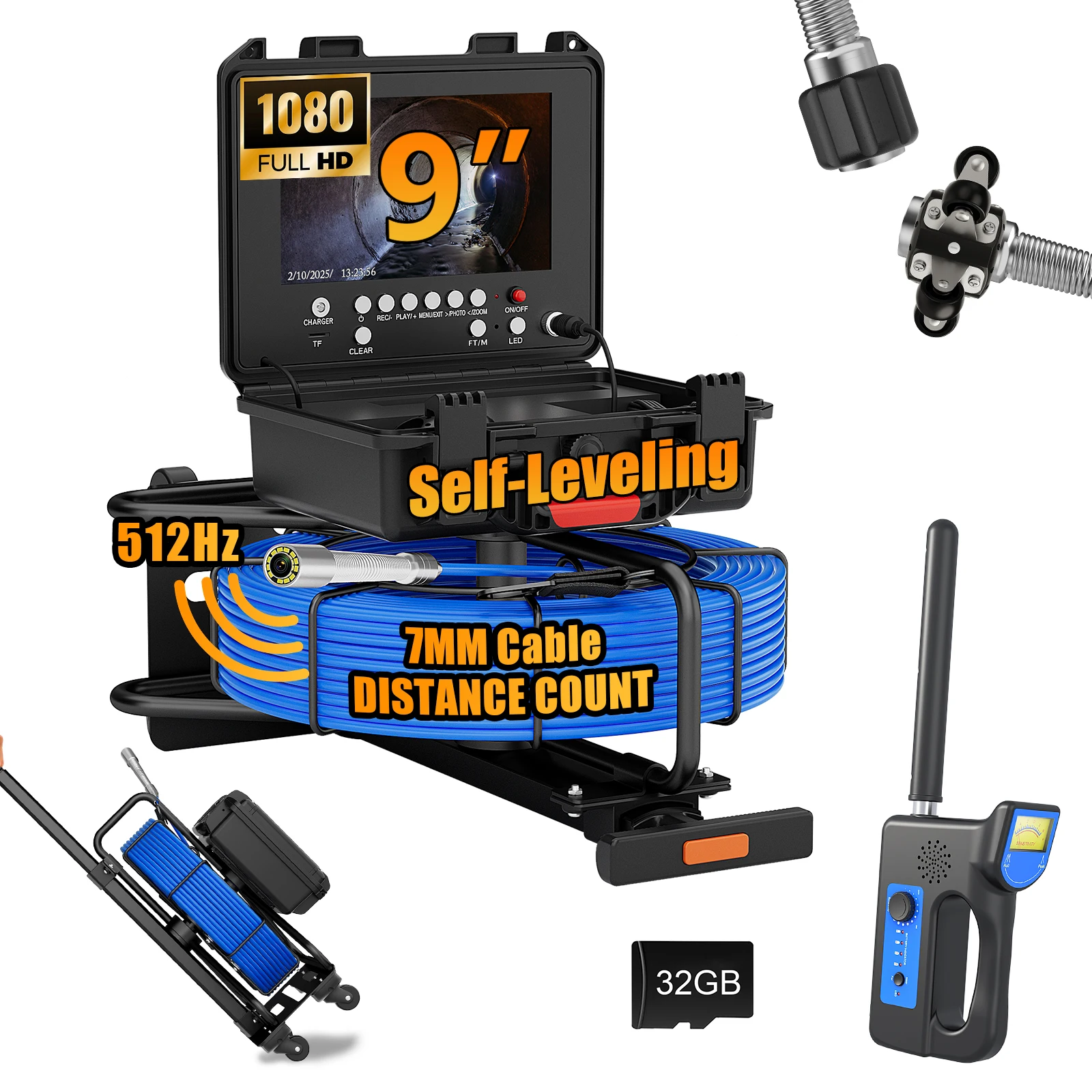 Sewer Inspection Camera - 512Hz Self-Leveling Sewer Camera with Meter Counter& Keyboard, HD IP68 Waterproof Endoscope Camera