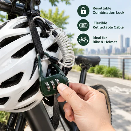 3-Digit Combination Cable Lock Resettable Mini Padlock with Coiled Steel Cable Carabiner Hook for Bike Helmet Luggage Gym Locker
