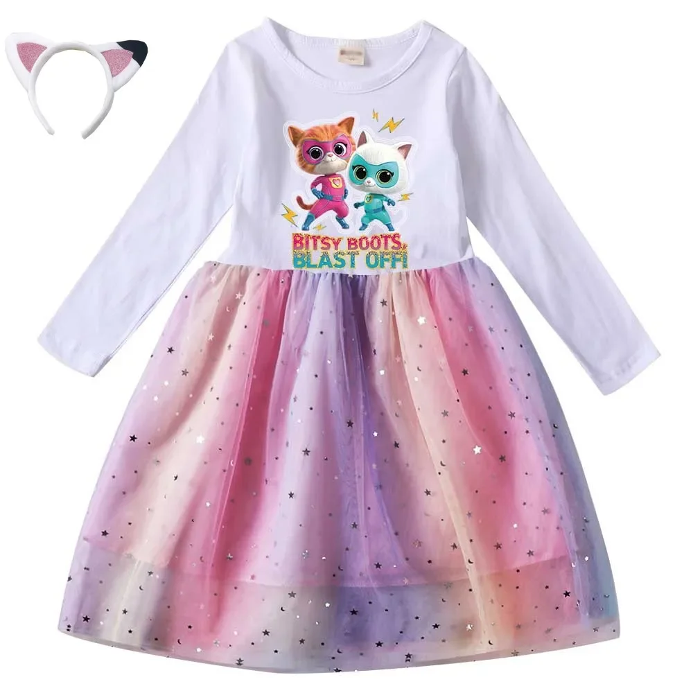 

2-10Years Cartoon Superkitties Clothes Baby Girls Casual Dresses Kids Long Sleeve Dress with Headwear Children Princess Vestidos