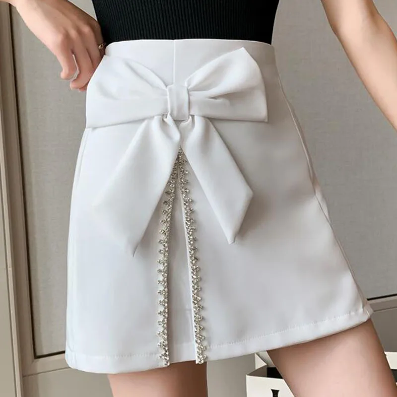 Cute Big Bowtie Mini Skirt For Women Summer High Waist Double Slit Skirt With Shorts Diamond Decor Black Bodycon Skirt