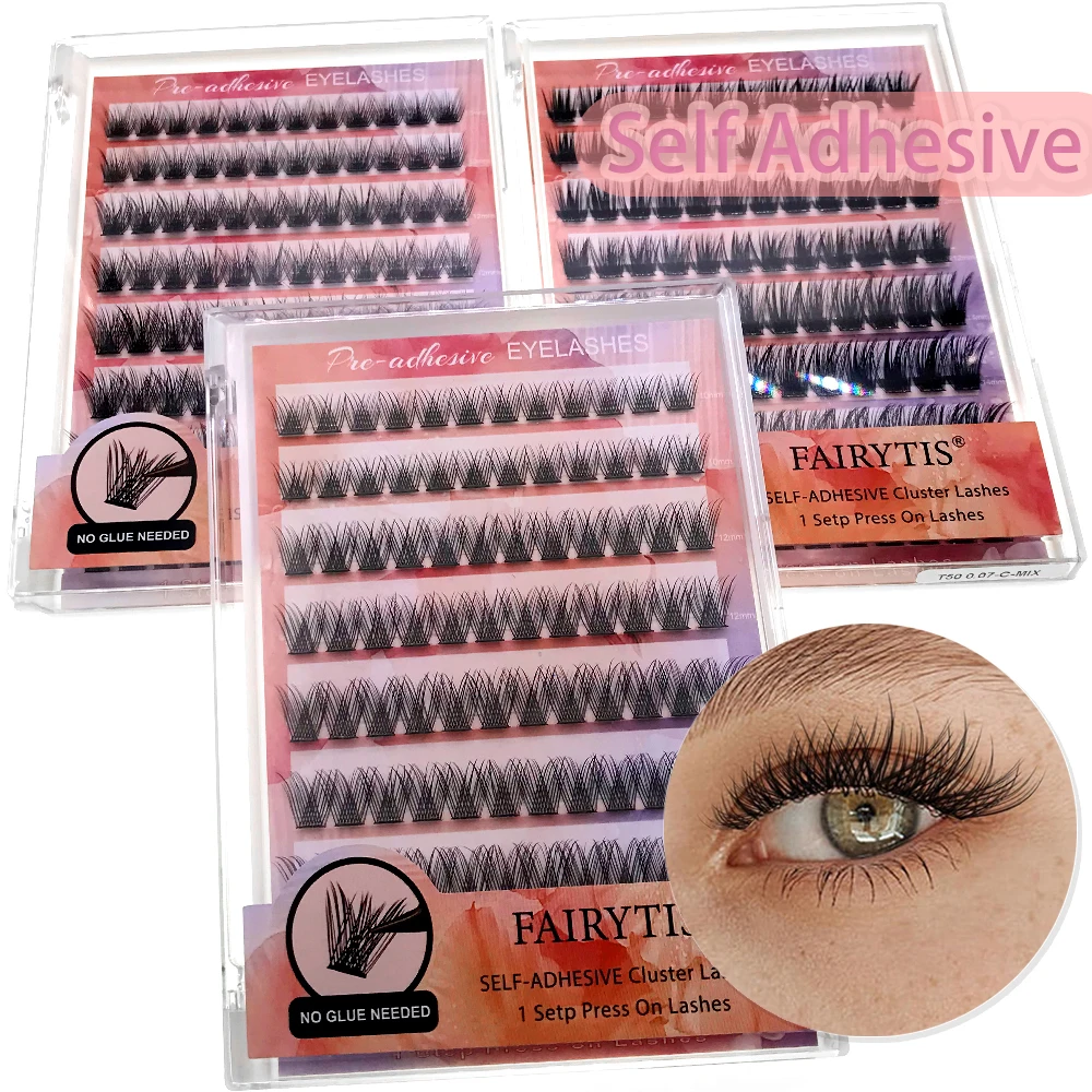 FAIRYTIS Self Adhesive Eyelashes 96PCS 1 Step DIY Mixed Pre-Glued Cluster Lashes Easy-grafting Individual Eyelash Extensions