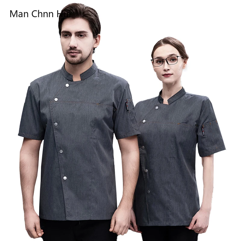 Men Grey Chef Coat Restaurant Cook Workwear Kitchen Jacket for Summer Head Chef Uniform Hotel Kitchen Cooking Clothes