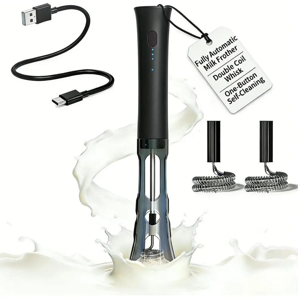 Portable Rechargeable Electric Milk Frother with Stand, Stainless Steel, Low Noise, Anti-Start Feature, 2 Whisks, Kitchen Tool