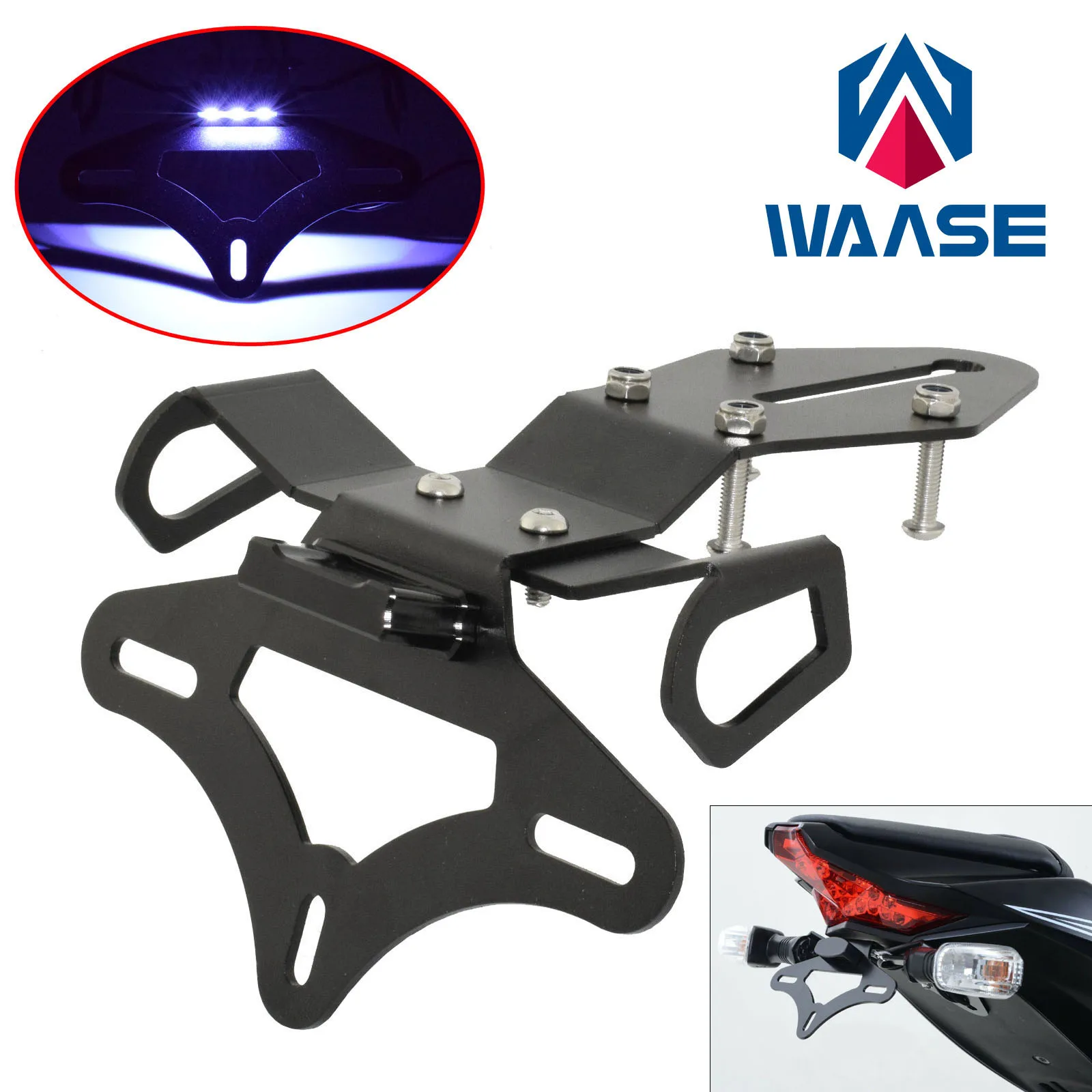 

WAASE Registration Bracket License Plate Frame Holder w/ LED light Tail Tidy For KAWASAKI Ninja ZX-10R ZX10R ZX10RR 2016-2020