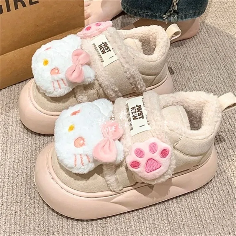 

Winter 2024 new thick soled cute Hello Kitty cat snow boots with anti slip and warm outer cotton shoes for women's slippers