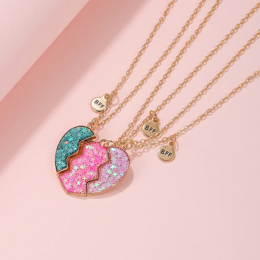 Winoneday 3Pcs/set Colorful Star Sequin Heart Shape Stitching Best Friend Necklace for Women Fashion Friendship Gifts