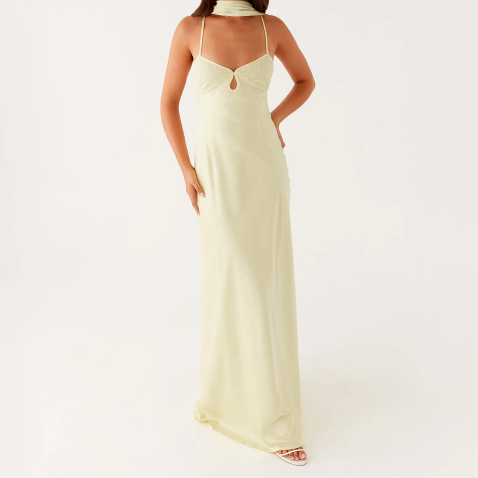 Abito da donna in tinta unita sexy con fasciatura posteriore Party Club Cami Dress Summer Fashion senza maniche con cinturino per spaghetti Abiti lunghi con sciarpa