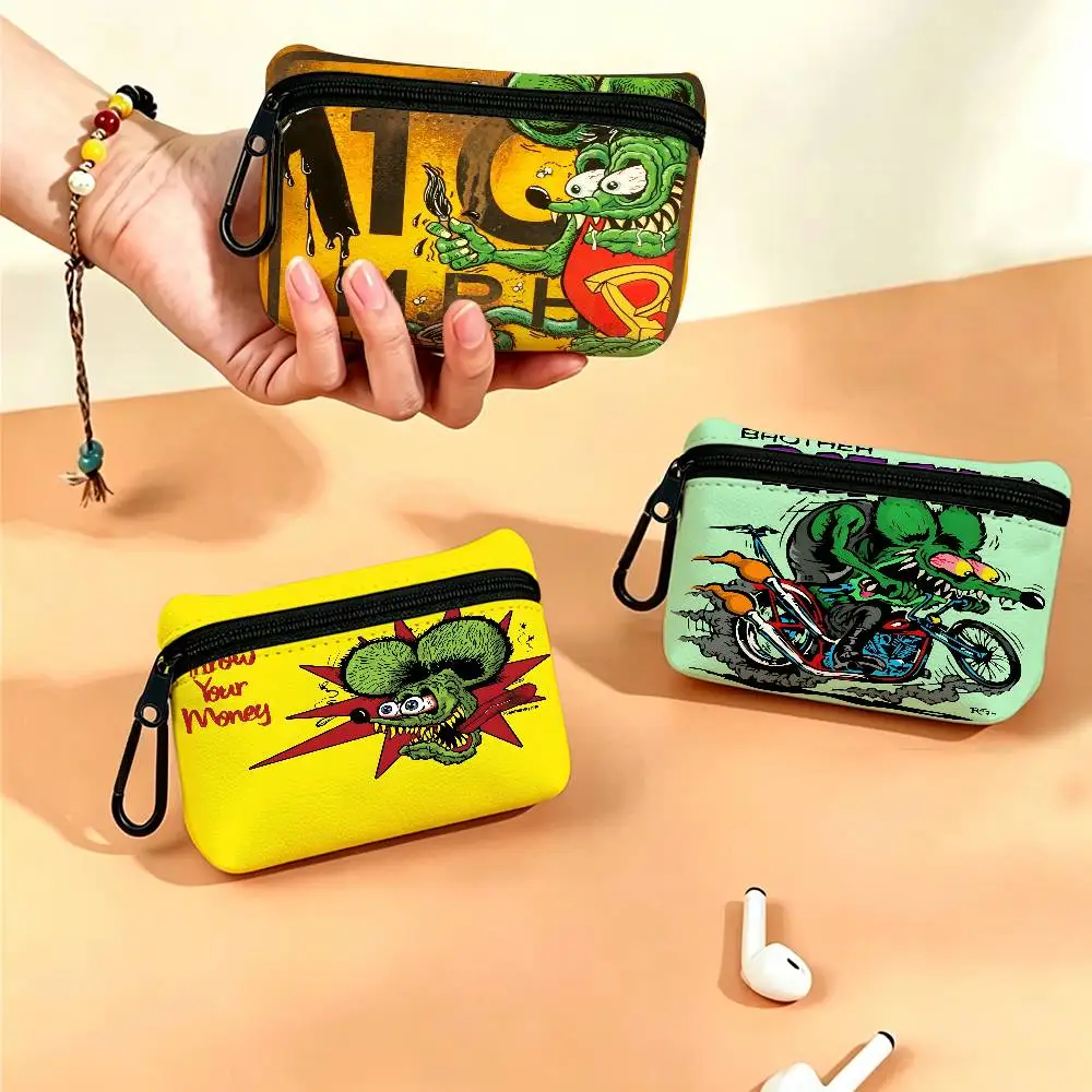 R-Rat-Fink Hotrod-Cult Portable Oxford Cloth Coin Purse Alloy Carabiner Hook Small Zipper Pouch For Backpack Belt Daily