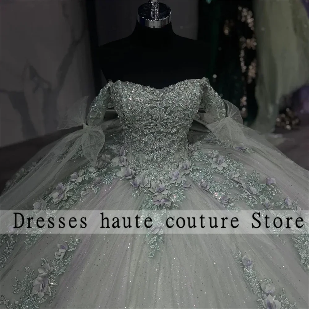 Nova sálvia verde applique laço arco quinceanera vestidos 2025 méxico rendas 3d flor contas doce 16 personalizado vestidos de 15 anos