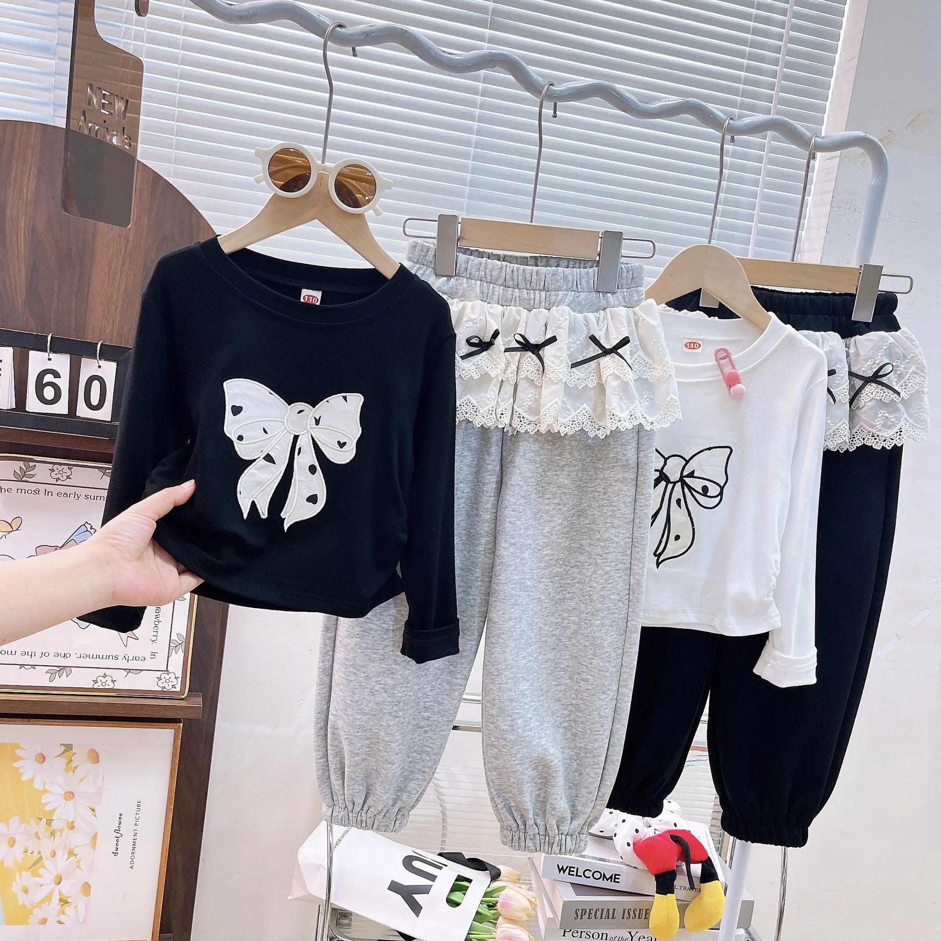 مجموعات الأطفال الفتيات الخريف مجموعة القوس طويلة الأكمام بلوزات و الدانتيل تقليم Sweatpants 2 قطعة الزي للأطفال الكبار #3