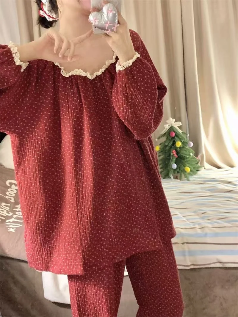

Girls' INS style Sweet Sleepwear Set Autumn/Winter New Women's Loose Lace Edge Home Clothes Long Sleeve Set Millennium style