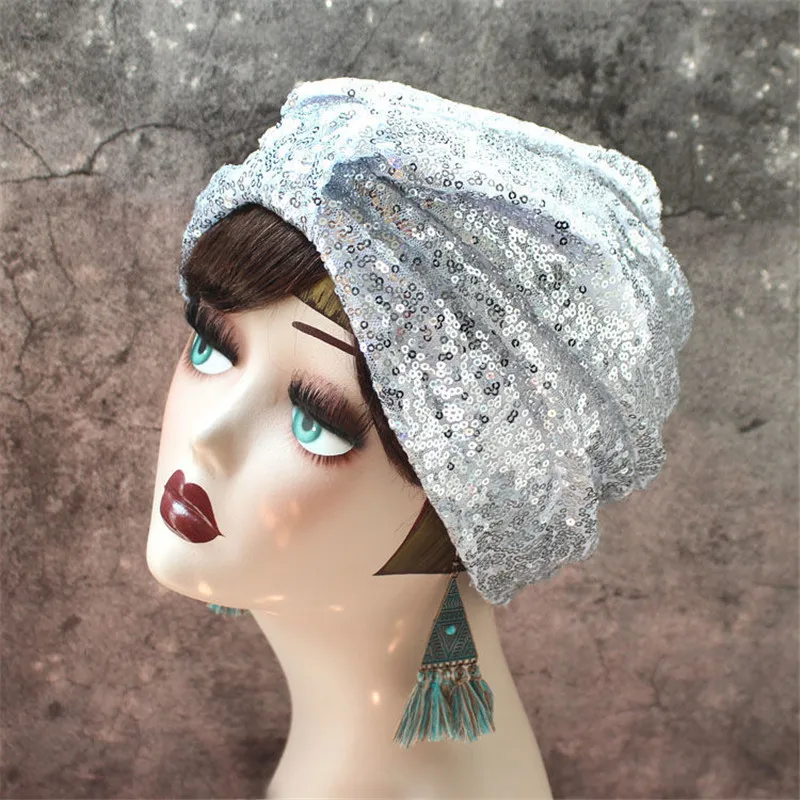 French Retro Sequins Turban Cap for Women Fashion Ladies Headwrap Bonnet Muslim Female Inner Hijabs Headscarf Arab India Hats