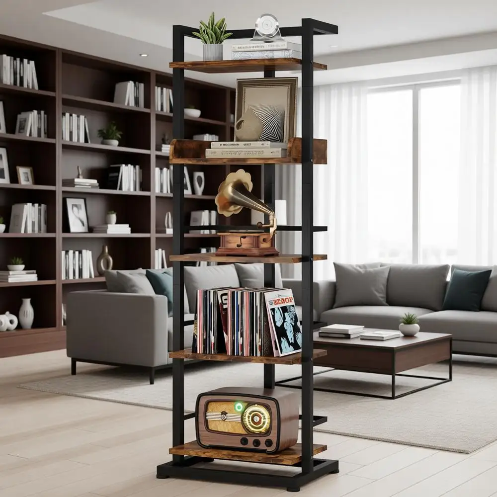 

5-уровневая деревянная книжная полка коричневого цвета в деревенском стиле с металлическими краями для хранения дома и офиса
