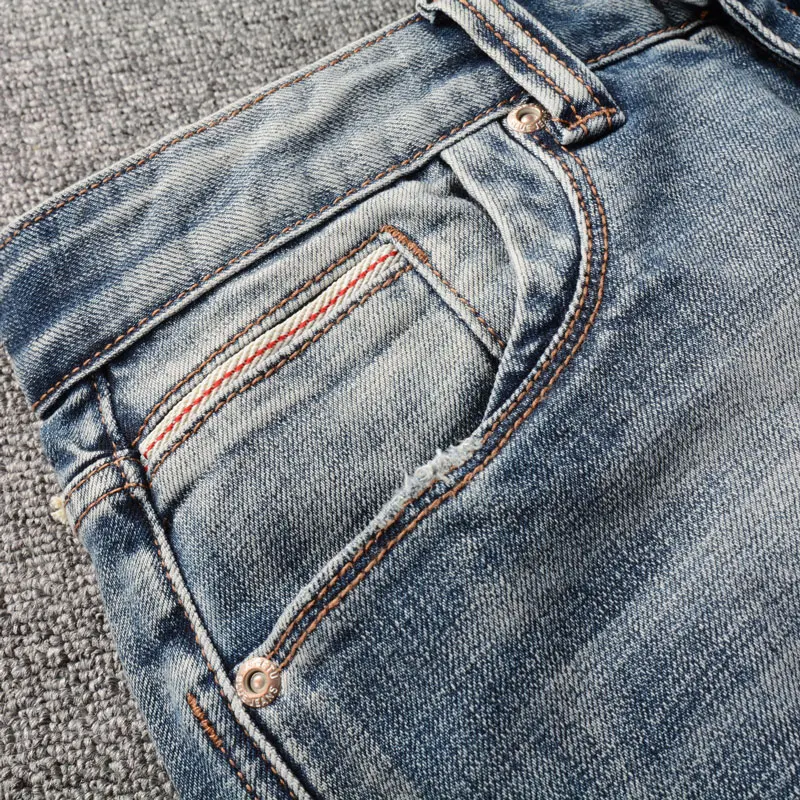 Fashion Designer Men Jeans High Quality Retro Washed Blue Stretch Slim Fit Ripped Jeans Men Trousers Vintage Denim Pants Hombre